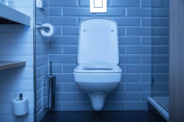 Gece vakti mavi ışığı olan banyo ve tuvalet, WC ile birlikte daire ya da otel içi.
