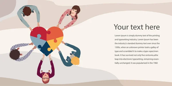 Banner Template Group People Circle Top View Multicultural Volunteers Holding — Vetor de Stock