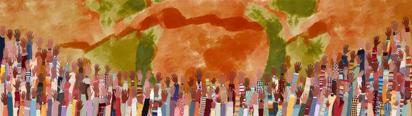 Many black skin African American men women children seniors  group raised hands on colored background copy space. Black history month concept banner poster. Racial equality.Mixed age range