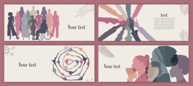 Silhouette group of multicultural women. International Women's day. Colleagues. Female social community of diverse culture.Racial equality.Empowerment or inclusion.Template banner poster