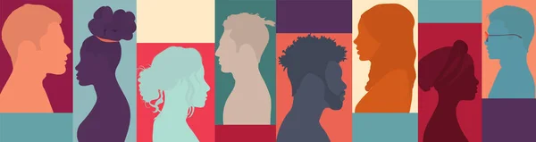 多様性多民族 グループサイドシルエット男性と異なる文化や国の女性 共存の調和と多文化共同体の統合 人種の平等 バナー — ストックベクタ