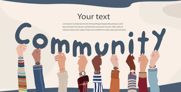 Group Diverse Multicultural People Hands Holding Letters Forming Text Community — Stok Vektör