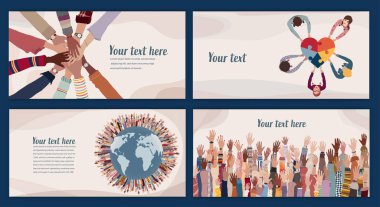 Volunteer people group concept landing page poster editable template. Multicultural people with raised hands. People diversity holding heart.Hands in a circle. Solidarity. NGO Aid concept clipart