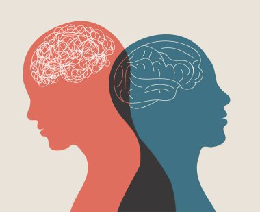 Metafor bipolar akıl hastalığı. İki yüzlü. Kişilik bölünmesi. Konsept ruh hali bozukluğu. 2 baş silueti. Psikoloji. Akıl sağlığı. Çift kişilik konsepti. Karıştır ve çöz