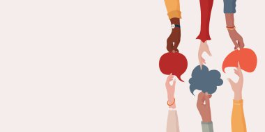 Pankart. Kollar ve eller konuşma baloncuğunu tutuyor. Bir grup meslektaş ya da işbirlikçi arasındaki anlaşma ya da ilişki. Bilgi alışverişinde bulunan insanlar. Paylaşma ve takas kavramı.