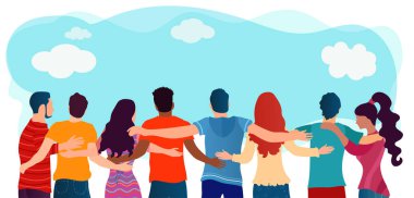 Çeşitli insanlar. Çok ırklı arkadaş grupları kucaklaşıp birleşti. İş birliği dostluğu ve organizasyon. İletişim ve diyalog. Topluluk. Takım çalışması. Sosyal ağ.