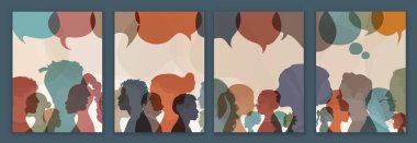 Siluet, profil baloncuğunda kadın ve erkeklerin başıdır. Konuşma ve bilgilendirme. Konuşan bir grup farklı insan arasında iletişim kurun. İnsanlar çeşitlilik gösterir. Poster kopyalama alanı