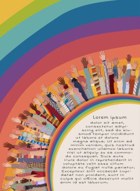 Çok kültürlü ve farklı yaş gruplarından oluşan bir grup el kaldırdı. İnsanların çeşitliliği. Takım çalışması ve işbirliği. Farklı kültürler. Eşitlik çeşitliliği ya da kapsayıcı