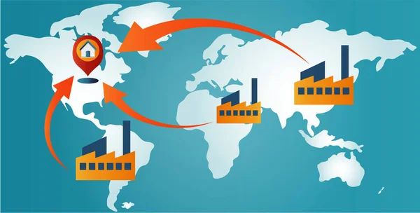 stock vector Reshoring concept. Factories companies come home. Increased protectionism. Local production self-sufficiency. Automated supply chain. Avoid production chain disruption. Local production