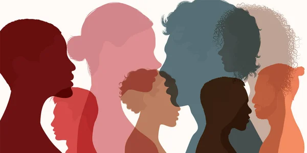 Silhouette Köpfe Gesichter Profil Von Multiethnischen Und Multikulturellen Menschen Psychologie — Stockvektor