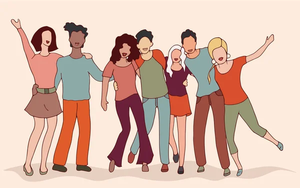 Grupo Jóvenes Amigos Abrazándose Sonriendo Divirtiéndose Diversidad Personas Trabajo Equipo — Archivo Imágenes Vectoriales