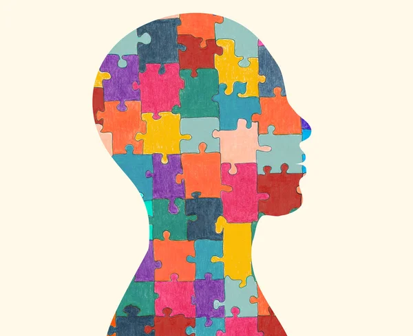 Conceito Síndrome Autismo Jigsaw Que Forma Cabeça Humana Perfil Apoio — Fotografia de Stock