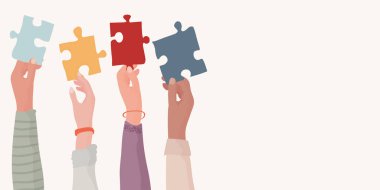 Pankart. Otizm sendromu konsepti. Çeşitli insanlardan oluşan bir grup bir yapboz parçası tutuyor. Destek ve eğitim almak. Nörolojik Hastalık. Zihin ve beyin. Kavramsal