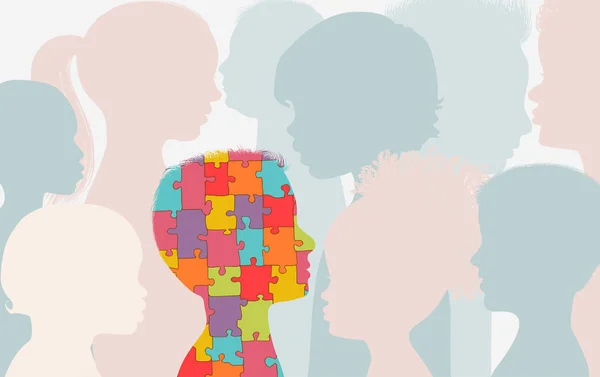 Konsep Sindrom Autisme Jigsaw Puzzle Yang Membentuk Kepala Profil Anak - Stok Vektor
