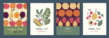 Organik ve taze sebzeler ve meyve besin afişi seti. Sağlıklı ve biyo-doğal gıda ürünleri kullanan bir market ya da restoran. Organik gıda üreten bir çiftlik. Çevre 