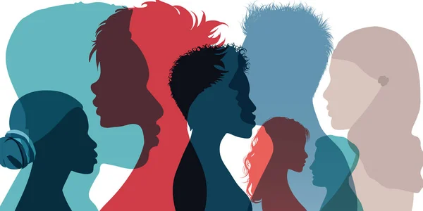 Égalité Raciale Antiracisme Silhouette Profil Groupe Hommes Femmes Filles Culture — Image vectorielle