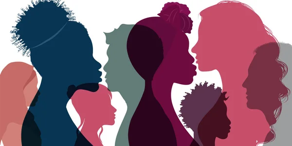 Силуэт Профиль Группы Мужчин Женщины Девушки Различной Культуры Мультикультурное Общество — стоковый вектор