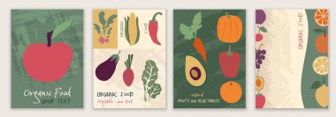 Organik taze sebzeler ve meyve ürünleri poster seti. Sağlıklı ve biyolojik gıda ürünleri kullanan manavlar veya restoranlar. Organik gıda üreten bir çiftlik. Çevre