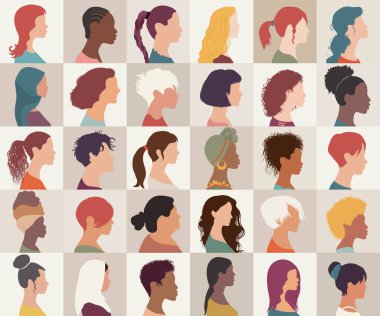 Avatar set portrait collection group of multiethnic diversity women and girls isolated. Different nationalities Asian - African - American - caucasian - Arab female people.Profile headshot clipart