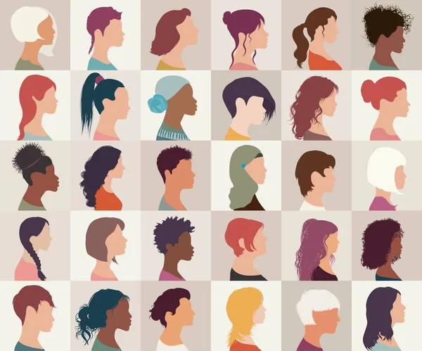 Avatar Δημιούργησε Μια Ομάδα Συλλογής Πορτρέτων Πολυεθνικής Ποικιλομορφίας Γυναικών Και — Διανυσματικό Αρχείο