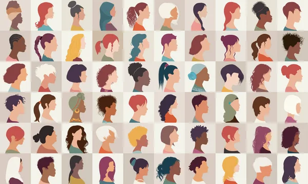 Avatar Set Portretcollectie Groep Multi Etnische Diversiteit Vrouwen Meisjes Geïsoleerd — Stockvector