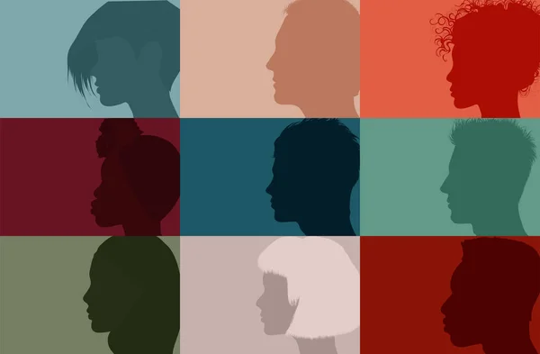 Collage Gemeinschaft Gesellschaft Vielfalt Multiethnischen Menschen Gruppenseitige Silhouette Männer Und — Stockvektor