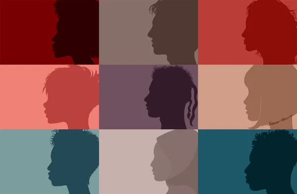 Κοινωνία Κολλάζ Ποικιλομορφία Πολυεθνική Άνθρωποι Ομαδική Σιλουέτα Ανδρών Και Γυναικών — Διανυσματικό Αρχείο