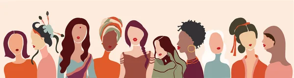 妇女面临的多族裔多文化多样性交流小组 不同文化的女性社交网络社区 对话和分享信息 种族平等 — 图库矢量图片