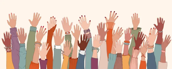 腕と手を上げて多様な人々のグループ作業チーム支援と支援人の多様性 多文化 多民族共同体 人種的平等 コミュニケーション — ストックベクタ