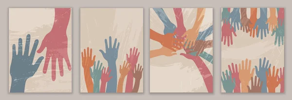 Піднята Група Рук Рук Колі Людей Різноманітної Культури Плакатний Банер — стоковий вектор