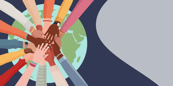 Różnorodność Ludzi Ręce Ręce Siebie Nawzajem Kuli Ziemskiej Ludzie Zróżnicowanej — Wektor stockowy