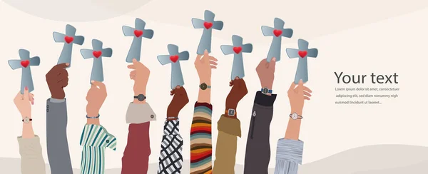 一群人举起双手 手里拿着十字架 基督教崇拜 对耶稣基督的信仰和希望的概念 复制空间横幅 福音派基督徒 新教徒 天主教徒 — 图库矢量图片