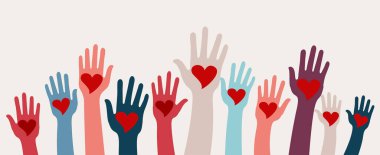 Arms raised group of children men and women with heart in hand. Charity donation and volunteer work. Support and assistance. Multicultural and multiethnic communities. People diversity clipart