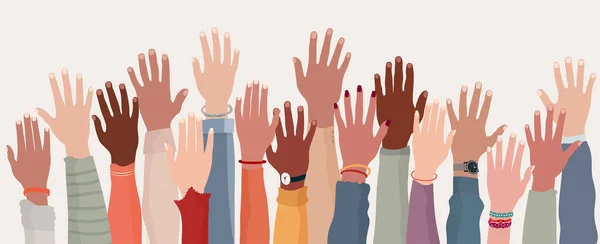 Група Підняла Людські Руки Руки Різноманіття Багатоетнічних Людей Расова Рівність — стоковий вектор