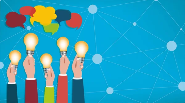 Partilhar Ideias Mãos Com Lâmpadas Comunicação Discussão Rede Social Comunitária — Vetor de Stock