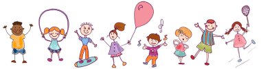 Oyun oynayan ve zıplayan bir grup mutlu çocuk. Anaokulu. Anaokulu. Sevimli elbiseli neşeli ve neşeli çocuklar. Renkli karikatürler. Çizimler.