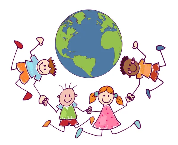 stock vector Cartoon of group  multiethnic joyful and happy smiling children holding hands in a circle around the Earth. Cute kids in doodle style. Peace unity friendship. Environment and green planet