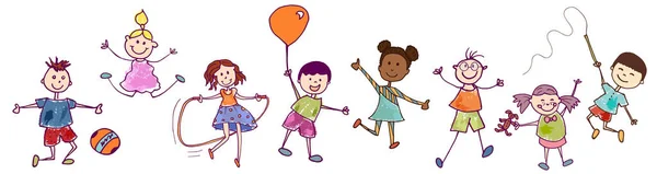 Keanekaragaman Kelompok Anak Anak Manis Yang Bahagia Dalam Tindakan Bermain - Stok Vektor