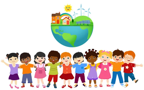 Група Різноманітних Багатоетнічних Дітей Охоплює Один Одного Єдність Екологічного Світу — стоковий вектор