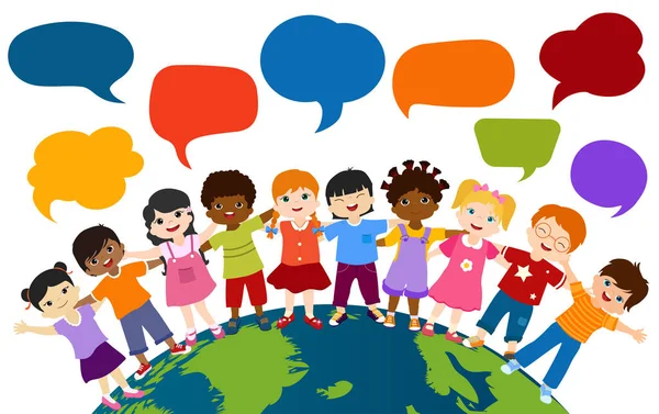 Kommunikáció Barátság Párbeszéd Csoport Boldog Többnemzetiségű Gyerekek Ölelik Egymást Közösség — Stock Vector