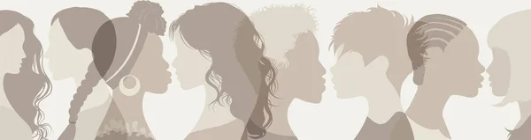Monochrome Côté Silhouette Groupe Multiethnique Diversité Des Femmes Des Filles — Image vectorielle
