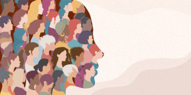 Kadın, çok kültürlü ve çok ırklı kadınlardan oluşan bir grupla profilde siluetle karşı karşıya. Irkçılık karşıtı eşitlik kavramı ve diğer kadınlara söz hakkı veren bir kadın kavramı. Allyship