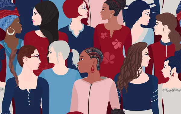 Sekelompok Wanita Multietnis Multikultural Yang Berbicara Dan Berbagi Ide Dan - Stok Vektor