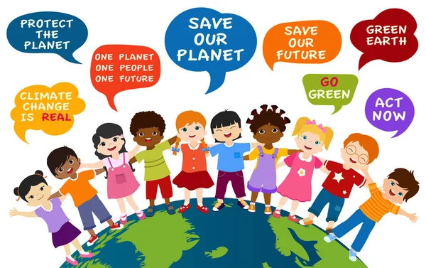 在全球 来自不同文化和多族裔人民的孤立无援的儿童相互拥抱 演说词泡沫 传达着关于生态环境和绿色可持续的未来的信息 拯救我们的星球 — 图库矢量图片