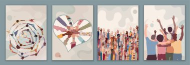 Volunteer people group concept banner brochure poster editable template. Raised hands people diversity.Diverse people holding hands in a circle.Solidarity.NGO Aid concept.Volunteerism clipart