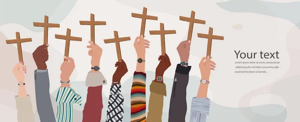 一群多文化的基督徒举起双手 手里拿着一个木制十字架 基督教崇拜 祈祷或歌唱 对耶稣基督的信心和希望的概念 复制空间横幅 — 图库矢量图片
