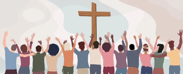 Grupo Cristãos Vistos Por Trás Com Mãos Erguidas Para Crucifixo — Vetor de Stock