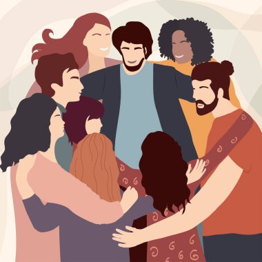 Farklı kültürlerden birbirine sarılan bir grup insan. Takım çalışması ve işbirliği. Barış ve çevre için sosyal sorunlara adanmış arkadaşlar veya gönüllüler topluluğu.