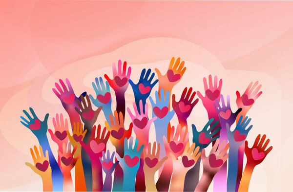 Raised hands of volunteer people holding a heart. People diversity. Charitable donation. Support and assistance. Multicultural community. NGO. Aid. Help. Volunteerism. Teamwork. Banner