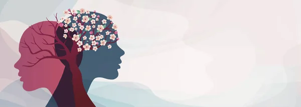 Metafor bipolar akıl hastalığı. 2 baş silueti, çiçek açan ağaç ve çıplak ağaç. Akıl sağlığı konsepti. Kişilik bölünmesi. Ruh hali bozukluğu. Psikoloji. Zihinlerimiz Mesafe. Yanık